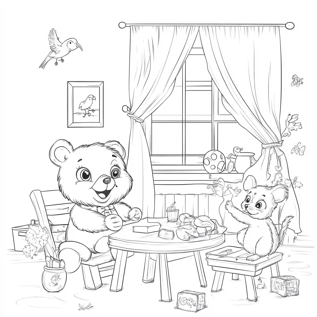 A cute teddy bear and a friendly mouse sit at a small table in a child's room.  The room features a window with curtains, a picture on the wall, and toys scattered around.  The bear is wearing a bow tie, and the mouse appears to be reaching for something.  A vase of flowers sits on the floor. The scene is drawn in black and white, suitable for coloring.