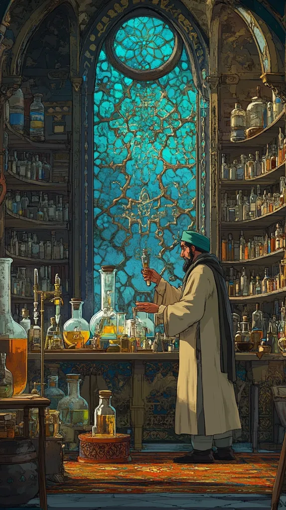An alchemist, wearing a long robe and a green cap, meticulously examines a vial in his ornate laboratory.  Shelves overflow with various glass bottles and jars filled with colorful liquids, hinting at potent concoctions. A large, intricately designed turquoise window dominates the room, casting a mystical glow on the scene. The rich detail and warm lighting create a captivating atmosphere of ancient wisdom and arcane practices.