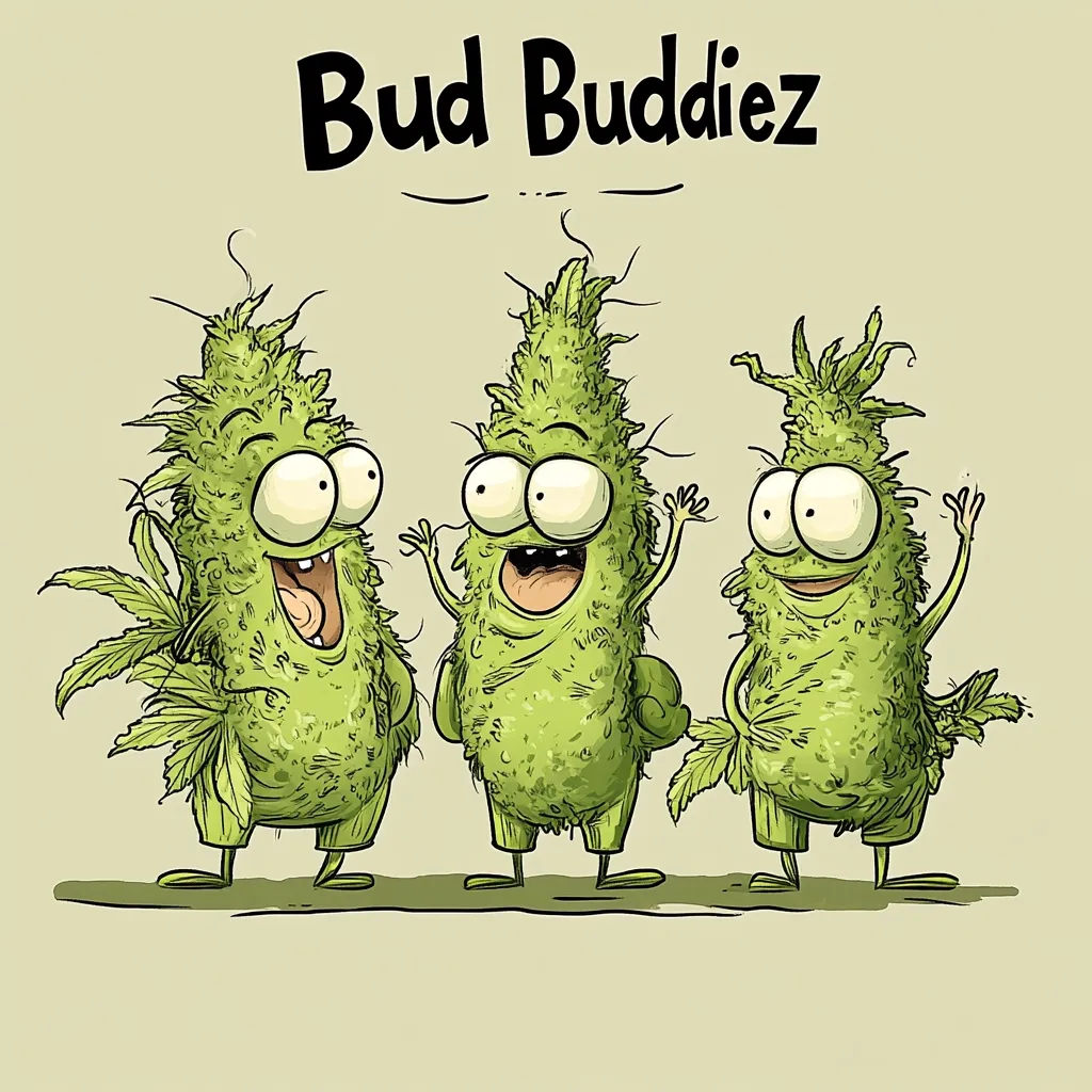 The illustration shows three cartoon characters, styled as anthropomorphic marijuana buds.  They are green, fuzzy, and have large eyes and expressive faces.  They appear happy and jovial, waving and smiling. The title "Bud Buddiez" is displayed above them. The overall style is whimsical and lighthearted.