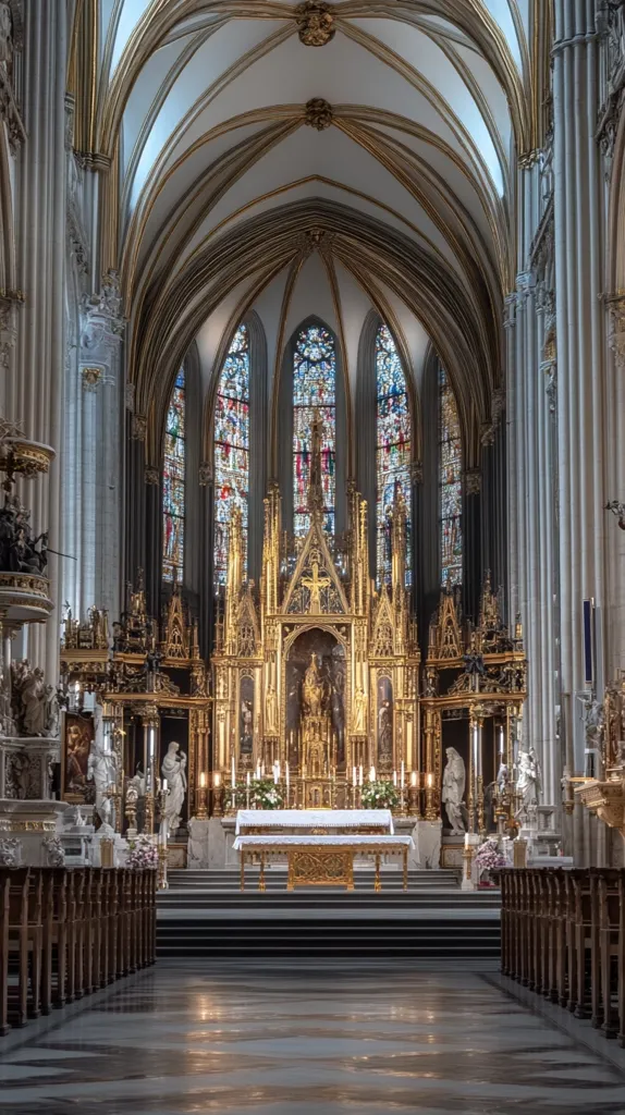 The image shows the interior of a grand church.  High, ribbed, vaulted ceilings adorned with gold accents meet tall, elegant columns.  Stained-glass windows illuminate a richly detailed golden altar, flanked by statues and candles.  Wooden pews line the aisle leading to the altar, creating a sense of reverence and awe.  The overall aesthetic is one of Gothic grandeur and religious solemnity.