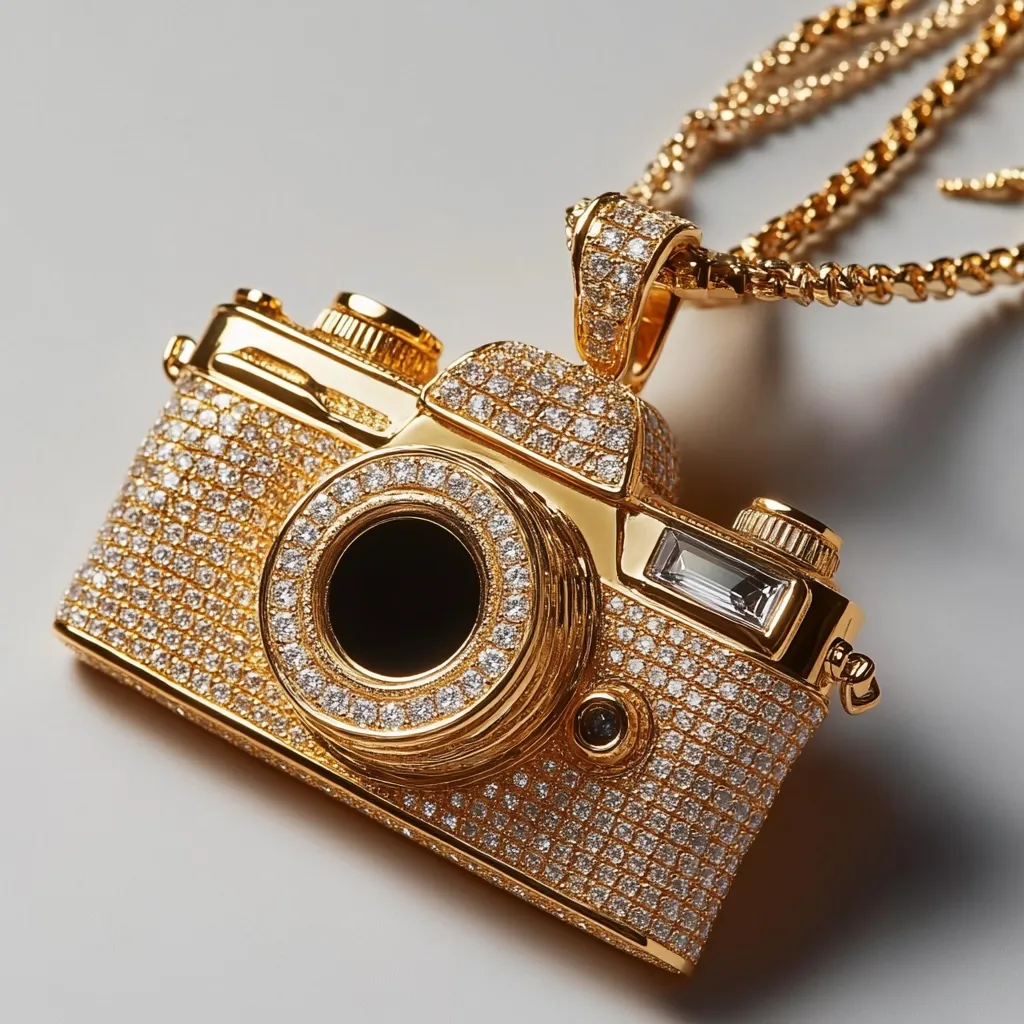 A luxurious gold camera pendant encrusted with sparkling diamonds hangs from a thick gold chain.  The intricate detail of the camera design is meticulously crafted, and the diamonds create a dazzling effect. The pendant is a statement piece, showcasing opulence and attention to detail.  The overall impression is one of high-end, bespoke jewelry.