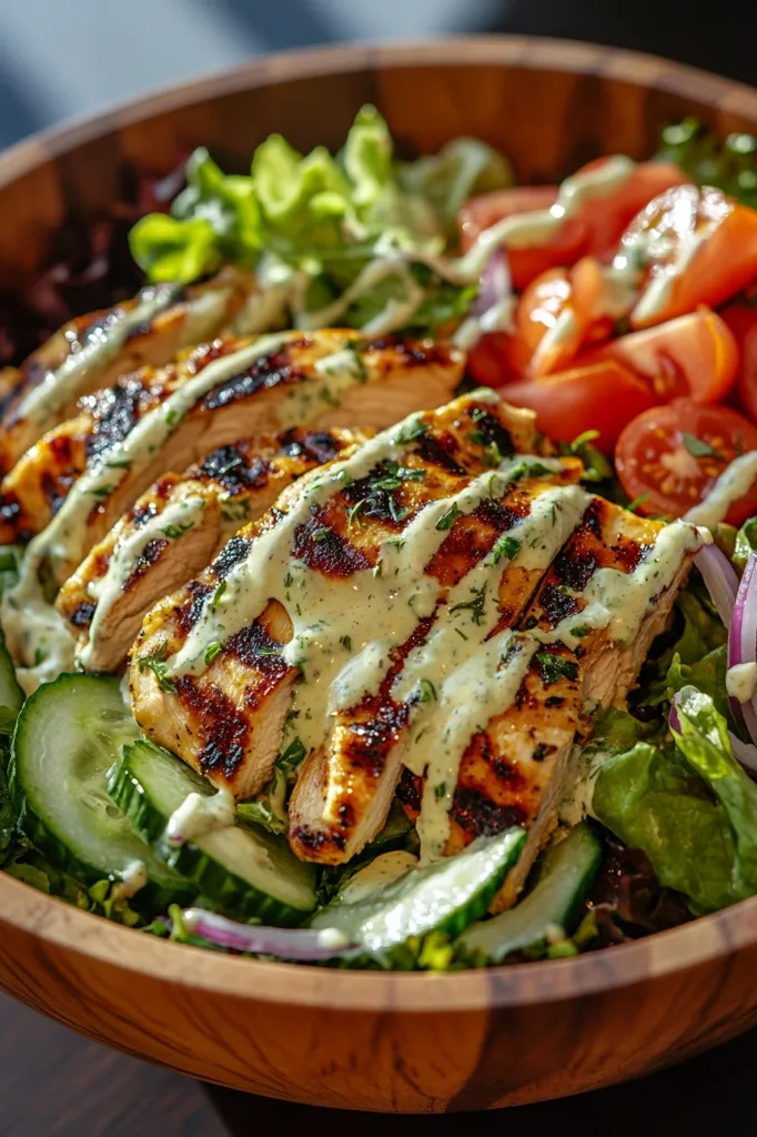 A vibrant salad in a wooden bowl features grilled chicken breast slices drizzled with a creamy herb dressing.  The chicken rests atop a bed of mixed greens, cucumber slices, and halved cherry tomatoes.  The salad is beautifully presented, showcasing the textures and colors of its fresh ingredients. The overall impression is one of a healthy and appetizing meal.