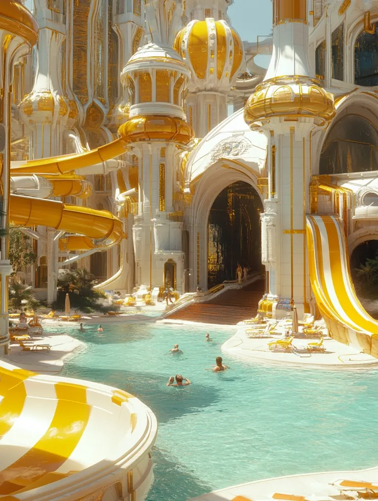 A luxurious, opulent resort pool is showcased, nestled within a fantastical, white and gold architectural structure.  Striped yellow water slides curve down into the turquoise water, where several people relax and swim.  The building's elaborate design features multiple domes and arches, creating a surreal and visually stunning setting. The overall scene evokes a sense of fantasy and extravagance.