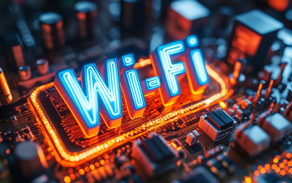A close-up shot reveals a circuit board with glowing orange circuitry.  Centrally positioned, the word "Wi-Fi" is rendered in three-dimensional, neon-blue letters, brightly illuminated against the orange backdrop. The image suggests the technological foundation of wireless internet connectivity.  The vibrant colors and detailed circuitry create a visually striking representation of modern technology.