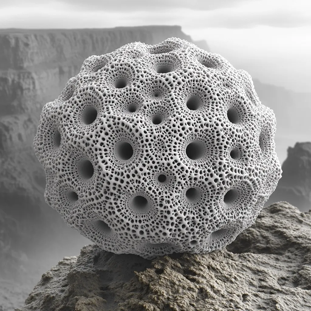 A detailed close-up reveals a spherical, intricately patterned object resembling a miniature, porous globe.  Its surface is covered in numerous small, evenly spaced holes, creating a complex, almost fractal-like texture. The sphere rests on a rough, textured surface, possibly rock, with a blurred, mountainous landscape visible in the background.  The grayscale image emphasizes the object's texture and three-dimensional form.