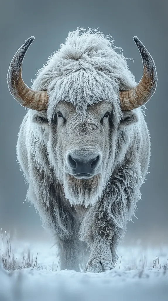 A majestic white yak, its long, thick coat frosted with ice crystals, stands in a snowy landscape.  Large, curved horns frame its face, and its gaze is direct and unwavering.  The animal appears powerful and serene, a symbol of winter's harsh beauty.  The background is a muted grey-blue, enhancing the yak's stark white presence.  The scene evokes a sense of cold, yet also of quiet strength and endurance.