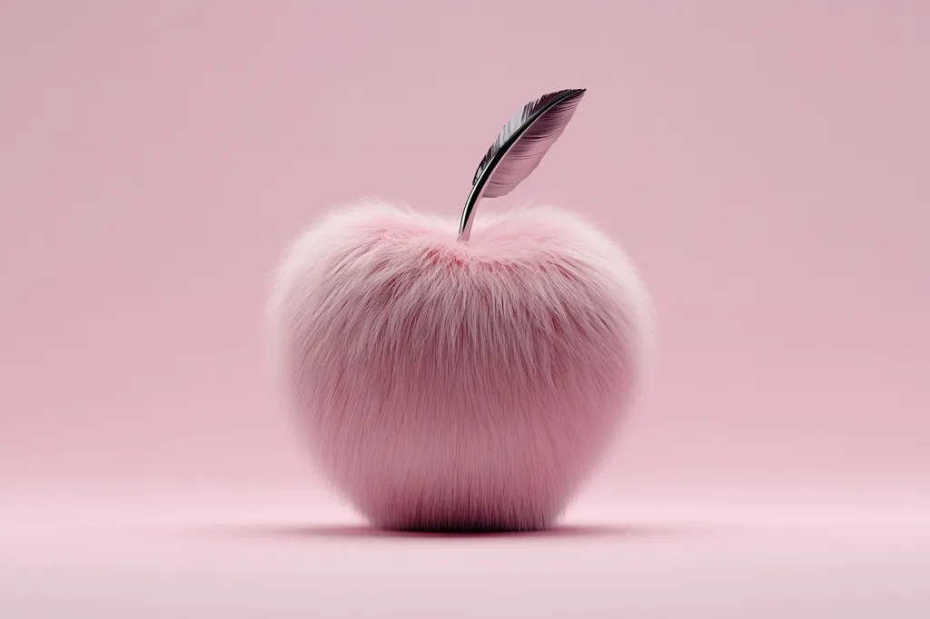 A fluffy pink apple sits on a pink background.  The apple is covered in soft, light pink fur and features a silver metallic feather as its stem.  The overall aesthetic is soft, whimsical, and subtly luxurious. The image is clean and minimalist, focusing on the unique texture and color combination.