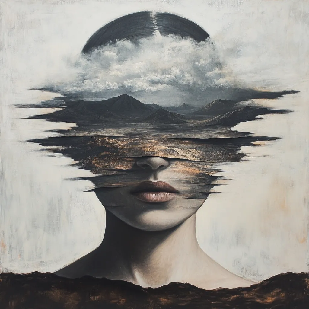 A surreal painting depicts a woman's face partially obscured by fragmented layers revealing a landscape of mountains and clouds.  The style is realistic yet dreamlike, with muted tones of grey, brown, and gold.  The fragmented effect suggests a merging of inner and outer worlds, or perhaps a fractured psyche.  The overall mood is contemplative and atmospheric.