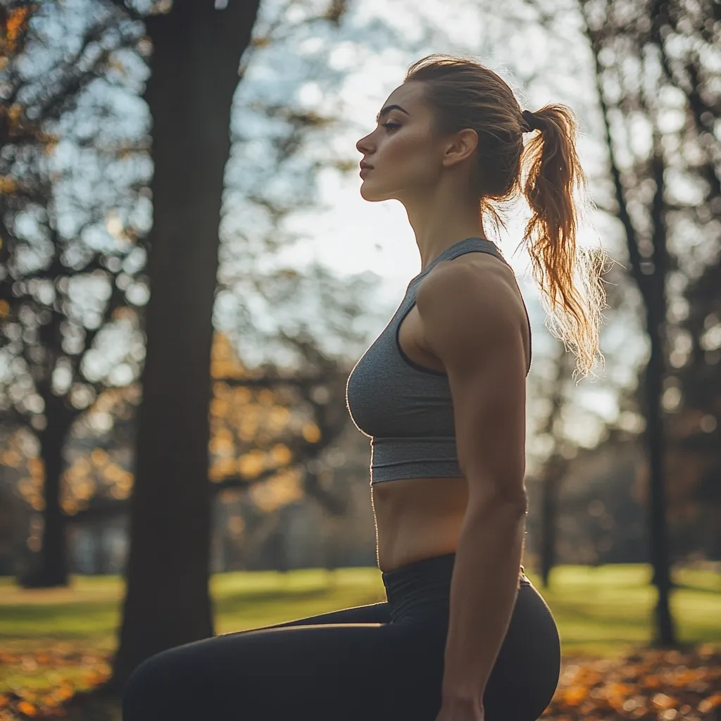 A young woman with a toned physique sits outdoors, her profile visible against a backdrop of autumnal trees.  She wears a gray sports bra and black leggings, her hair pulled back in a ponytail.  The sun casts a warm light, illuminating her strong arms and defined midsection.  The scene conveys a sense of fitness, health, and tranquility in nature.