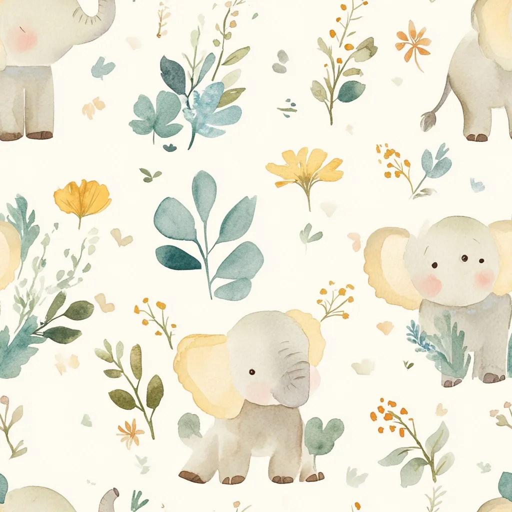 A charming watercolor pattern features adorable baby elephants amidst a delicate floral arrangement.  Soft grey elephants with pale yellow ears are interspersed with muted green and blue foliage, and cheerful yellow flowers. The overall style is gentle and whimsical, perfect for children's products or nursery décor. The repeating pattern is subtly textured and evokes a calming, natural feel.
