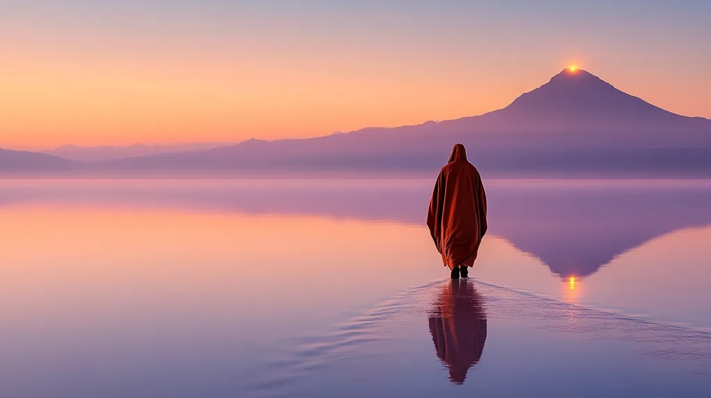 A lone figure, cloaked in a reddish-brown robe, walks across a tranquil body of water at sunrise.  The calm surface mirrors the vibrant pastel sky and distant mountains, culminating in a peak where the sun rises, creating a serene and spiritual atmosphere. The scene is peaceful and evokes a sense of solitude and contemplation.