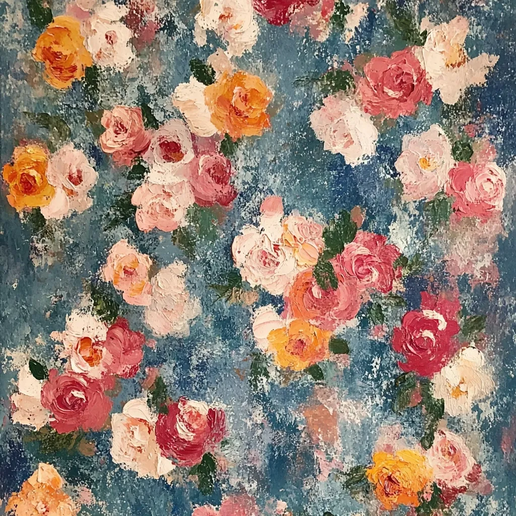 A vibrant oil painting showcases a profusion of roses in varying hues of pink, red, orange, and white.  The blossoms are densely clustered against a textured, mottled blue background, creating a rich, almost floral wallpaper effect.  The artist's impasto technique lends a three-dimensional quality to the petals, highlighting the texture and depth of the flowers.  The overall impression is one of abundant, joyful blooms.