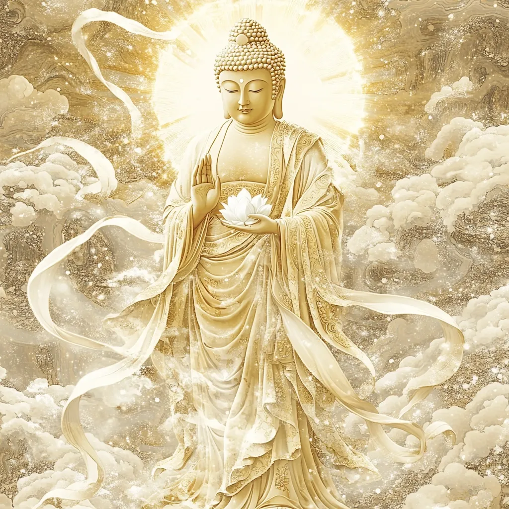 A serene image depicts a golden Buddha statue, radiating a gentle light.  The Buddha holds a lotus flower, symbolizing purity.  Flowing, ethereal fabrics swirl around the figure, set against a background of clouds and shimmering, golden dust, creating a peaceful and spiritual atmosphere.  The overall effect is one of tranquility and enlightenment.