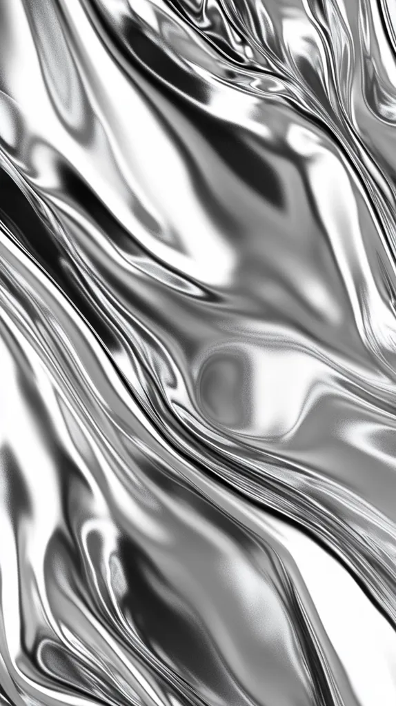 The image shows a close-up view of a shimmering, metallic surface.  The material, possibly liquid metal or a highly polished fabric, is draped in soft, flowing folds.  Light reflects intensely, creating highlights and shadows that accentuate the curves and texture.  The overall effect is one of sleek elegance and luxurious fluidity.