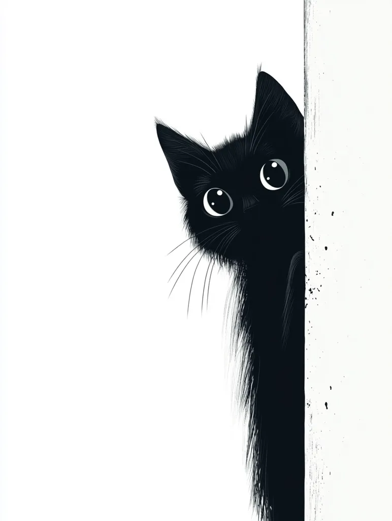 A stylized illustration features a black cat peeking from behind a white surface.  Its large, expressive eyes and fluffy fur are emphasized against the stark white background. The cat's body is mostly hidden, creating a sense of playful mystery. The image uses a minimalist approach, focusing on strong contrasts of black and white.