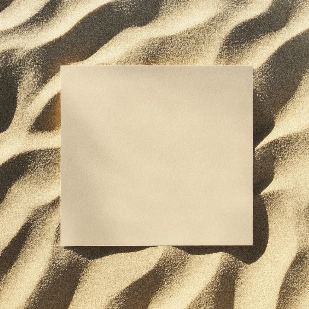 A square, blank, beige card rests on a textured background of wavy sand.  The sand shows patterns created by wind or waves. The overall color palette is warm and sandy, creating a minimalist, summery aesthetic.  The card provides a space for text or an image.