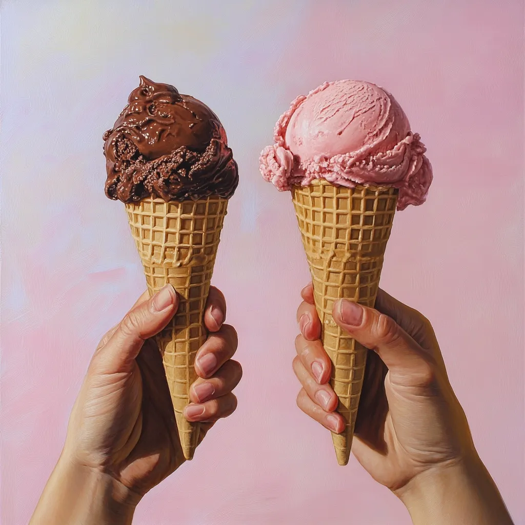 Two hands hold ice cream cones against a pink background. One cone has chocolate ice cream, the other strawberry.  The ice cream is meticulously detailed, showcasing its texture and color. The hands are realistically rendered, with visible skin tones and nail details. The overall image is a vibrant still life, emphasizing the delectable treats.