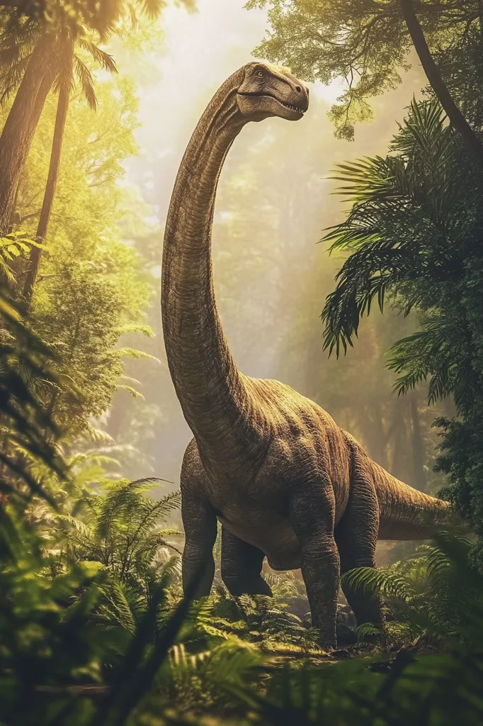 A majestic sauropod dinosaur stands in a lush prehistoric jungle.  Sunlight filters through the dense canopy, illuminating the creature's long neck and massive body.  Lush ferns and palm trees surround the dinosaur, creating a vibrant and immersive prehistoric scene.  The overall mood is serene and awe-inspiring, showcasing the grandeur of these ancient giants in their natural habitat.