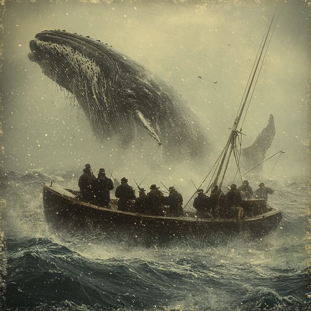 A small, weathered boat filled with sailors navigates a tempestuous sea.  A colossal whale breaches the waves behind them, its immense form dwarfing the vessel.  Snow falls, obscuring the scene in a hazy, atmospheric veil. The overall tone is dark and dramatic, suggesting a perilous encounter with nature's power.  The image evokes a sense of both awe and impending doom.