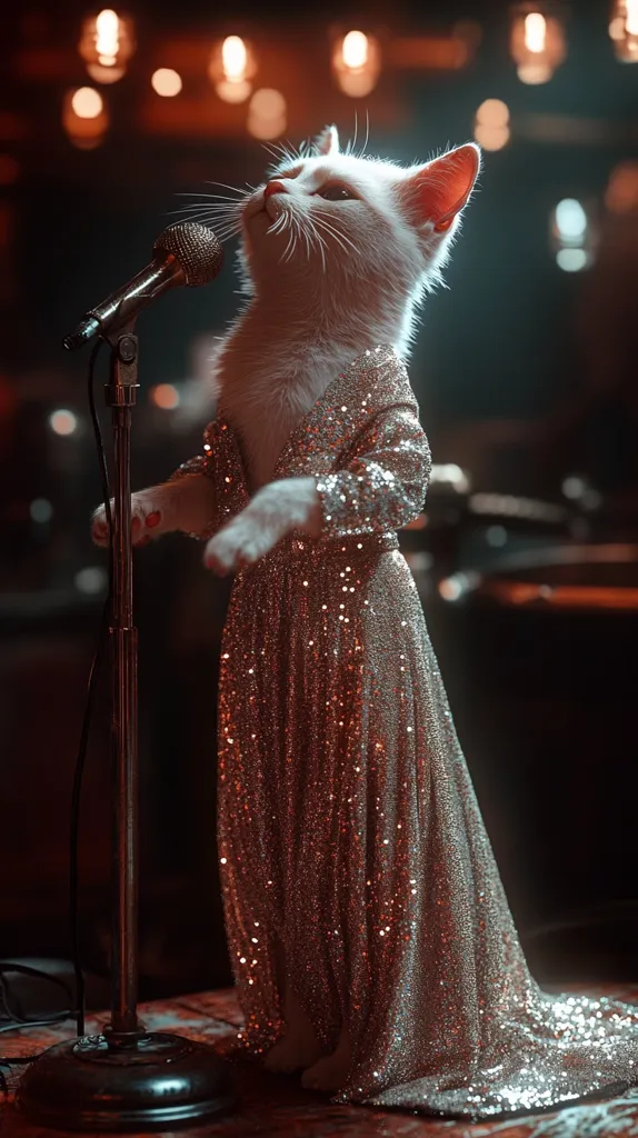 A white cat, elegantly dressed in a shimmering gold gown, stands at a microphone in a dimly lit club.  The cat's posture is poised and regal as it gazes upward, seemingly ready to perform.  Warm, ambient lighting highlights the sequins on the dress and the cat's fur. The scene is both whimsical and glamorous.