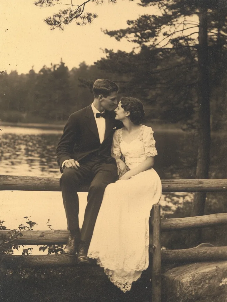 A sepia-toned photograph depicts a young couple romantically posed on a rustic wooden fence overlooking a tranquil lake. The man, in a formal suit and bow tie, sits close to the woman, who is dressed in a long, elegant lace gown.  Their heads are gently touching, showcasing their affection.  The serene lake and lush forest background create a romantic and timeless atmosphere, characteristic of early 20th-century photography.