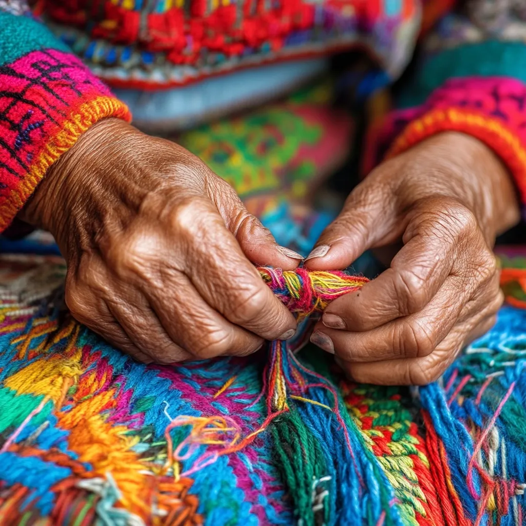 Close-up of weathered hands skillfully working with vibrant, multicolored yarn.  The artisan's wrinkled fingers meticulously manipulate the threads, creating a richly textured textile.  The clothing and background are equally colorful, suggesting a cultural tradition of intricate handcrafts.  The image evokes a sense of history, patience, and dedication to a time-honored art.