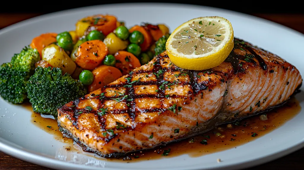 A perfectly grilled salmon fillet is the star of this dish, its skin glistening with a flavorful glaze.  The salmon is served atop a bed of sautéed vegetables, including broccoli, carrots, peas, and potatoes.  A lemon wedge adds a touch of brightness and acidity, completing this visually appealing and delicious meal.