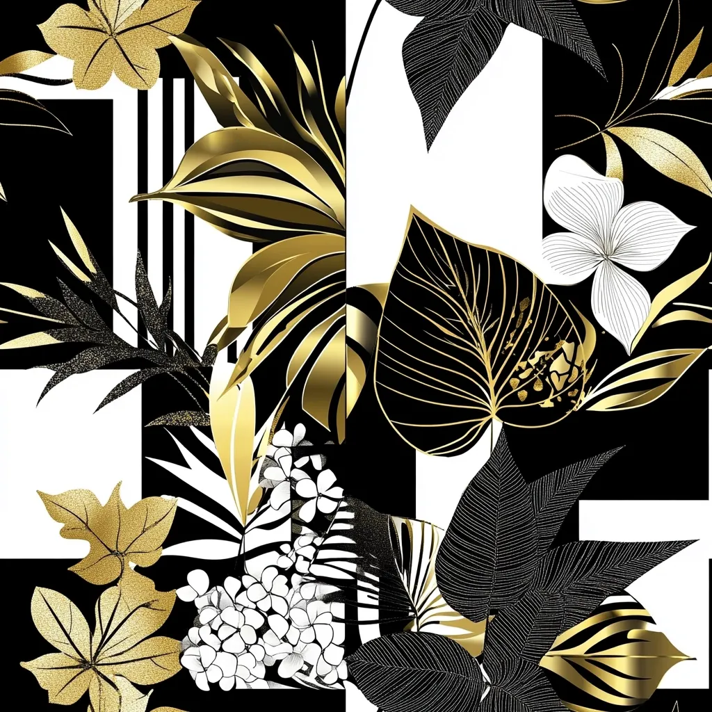 A bold, graphic print features a luxurious mix of gold and black tropical leaves and flowers against a stark black and white geometric background.  Gold-toned foliage contrasts sharply with black and white blooms, creating a striking, high-contrast design.  The pattern is rich with texture and detail, showcasing a sophisticated and opulent aesthetic.
