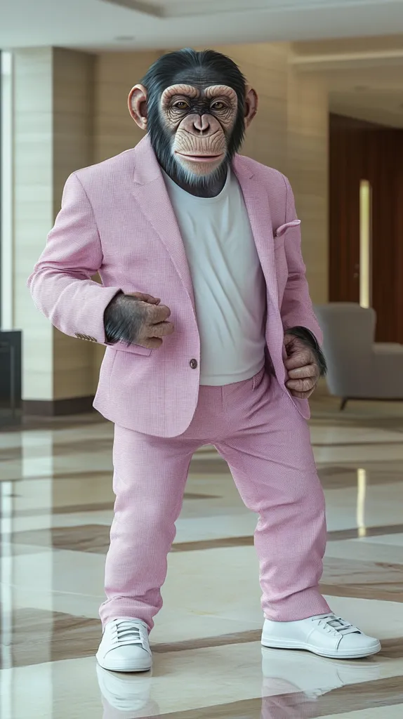 A chimpanzee, impeccably dressed in a pale pink suit and crisp white sneakers, stands in a modern, brightly lit lobby.  The chimp's posture is relaxed yet confident, hands casually positioned. The overall image is a surreal and humorous juxtaposition of a primate in sophisticated attire. The polished floor reflects the chimp and the surrounding architectural details.
