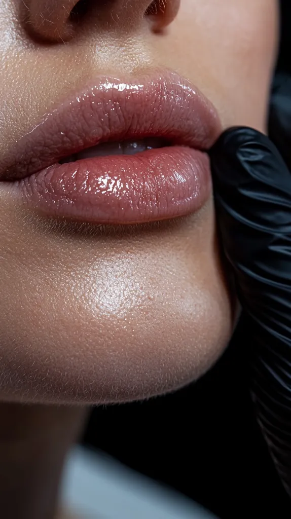 Close-up view of a woman's lips receiving a cosmetic treatment.  Her full lips are accentuated with a glossy, light pink lipstick.  A gloved hand, partially visible, is near her mouth, suggesting a procedure like lip fillers or makeup application. The skin appears smooth and well-lit, highlighting the detail of the lip texture and the application of the gloss.