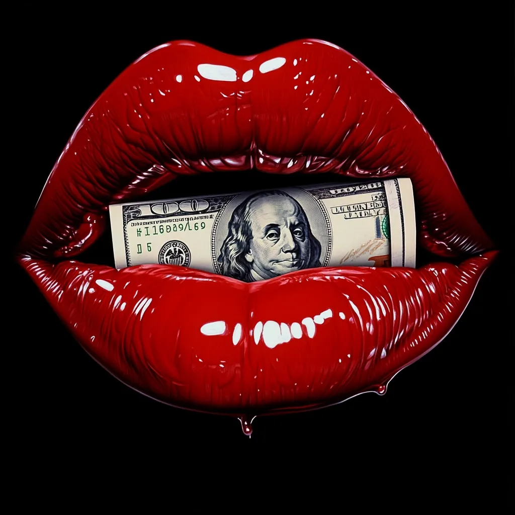 A close-up image showcases a pair of luscious, red lips, glossy and full, holding a rolled-up wad of one hundred dollar bills between them.  The contrast between the vibrant red lips and the crisp green of the money creates a striking visual. The image is set against a stark black background, drawing focus to the central subject and its suggestive symbolism.