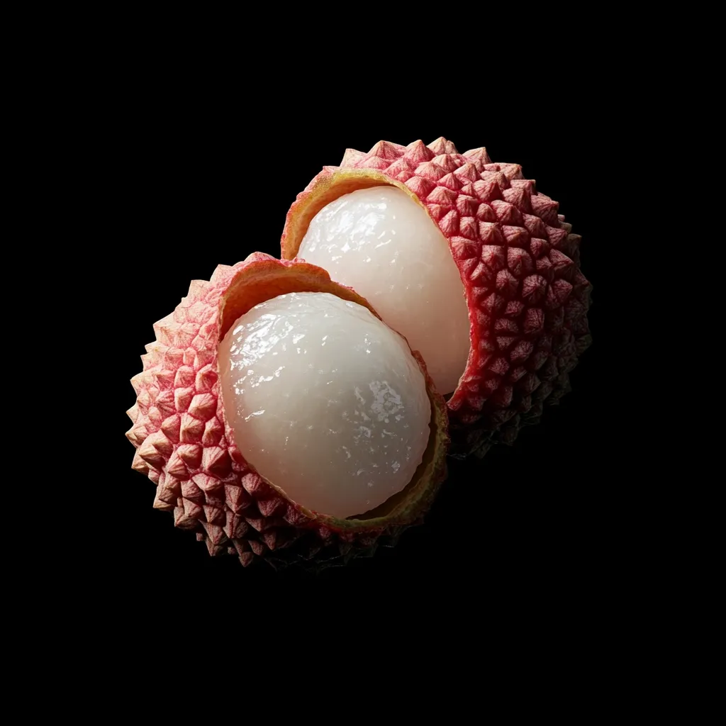 Two lychees, halved to reveal their translucent white flesh, are captured against a stark black background.  The outer shell of each lychee is a vibrant reddish-pink, textured with small, spiky protrusions. The image emphasizes the contrast between the smooth, creamy interior and the rough exterior of this tropical fruit.  The lighting highlights the juicy appearance of the lychee's flesh.