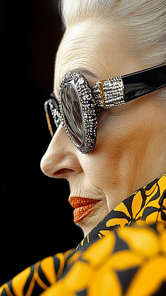 Close-up profile of an elderly woman with short, white hair. She wears striking sunglasses adorned with crystals, a bold orange lipstick, and a vibrant yellow and black patterned garment.  The image emphasizes texture and contrast, showcasing the woman's age and the luxurious details of her accessories and clothing.  The background is dark, drawing focus to her face and attire.