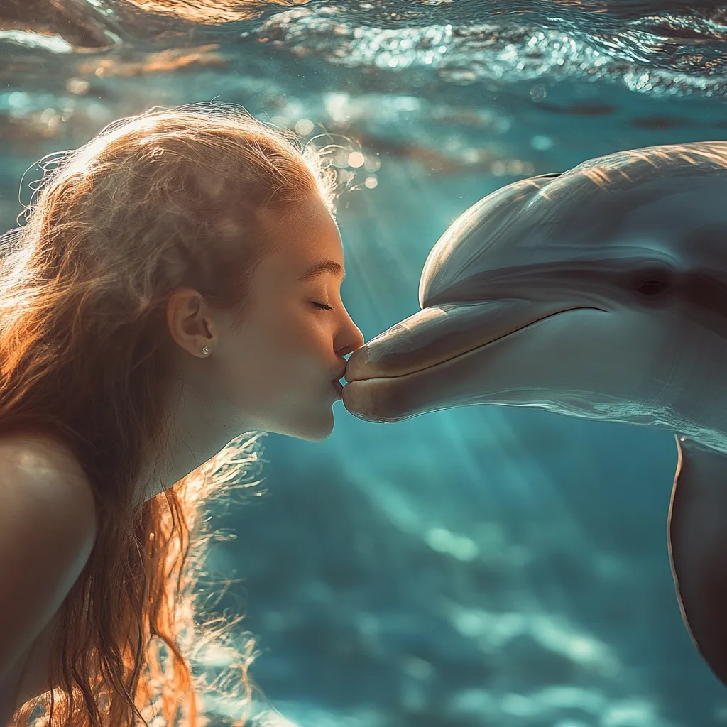 An underwater photograph depicts a young girl with long, flowing auburn hair sharing a tender kiss with a dolphin.  Sunlight filters through the water, creating a soft, ethereal glow around them. The girl's eyes are closed, and her expression is serene as she connects with the gentle marine mammal.  The scene is peaceful and evokes a sense of connection between humans and nature.