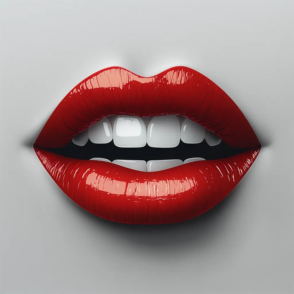 A close-up illustration showcases a pair of full, luscious lips painted a vibrant, glossy red.  The lips are slightly parted, revealing a set of perfectly aligned, bright white teeth. The image is highly stylized, with a smooth, almost three-dimensional texture to the lips and a muted gray background that emphasizes the red. The overall impression is one of beauty and allure.