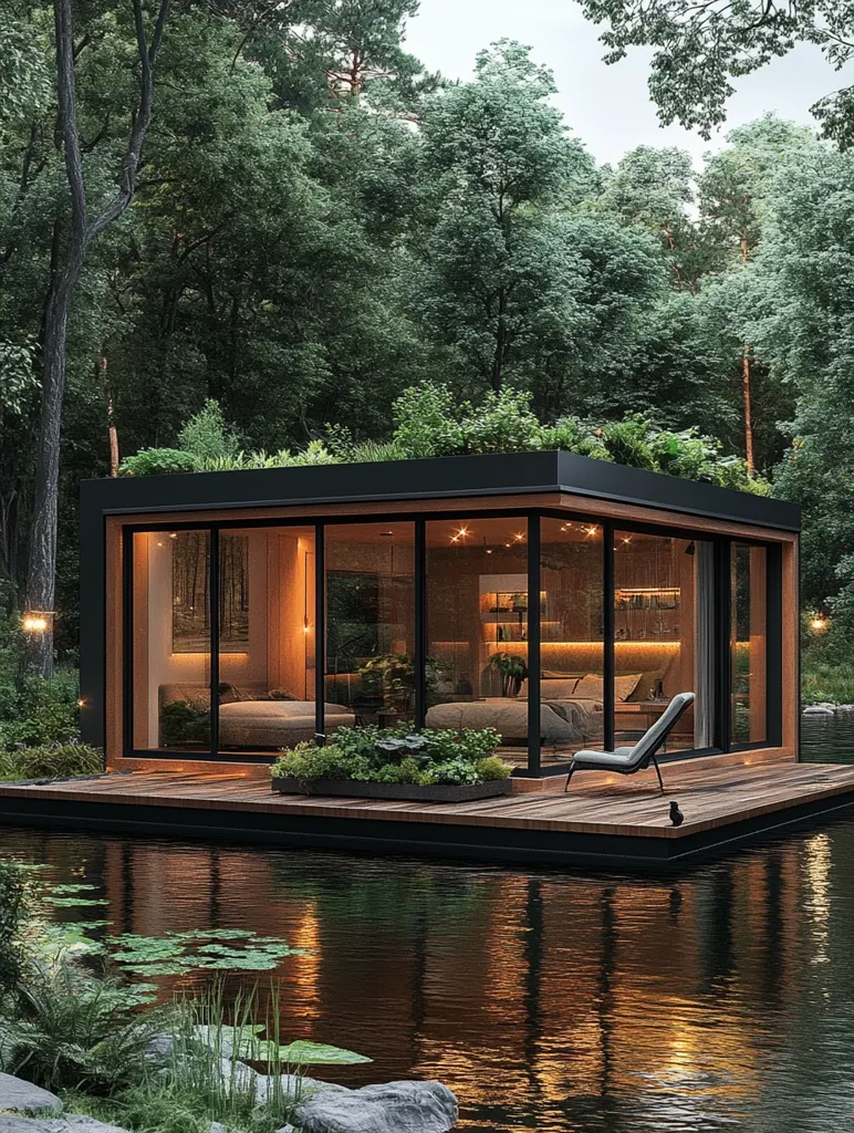 A modern, secluded cabin sits on a tranquil pond, nestled within a lush forest.  The structure features a green roof, large glass windows offering panoramic views, and a wooden deck.  Warm interior lighting contrasts with the surrounding greenery, creating a serene and inviting atmosphere.  A single chair rests on the deck, enhancing the feeling of peaceful solitude.