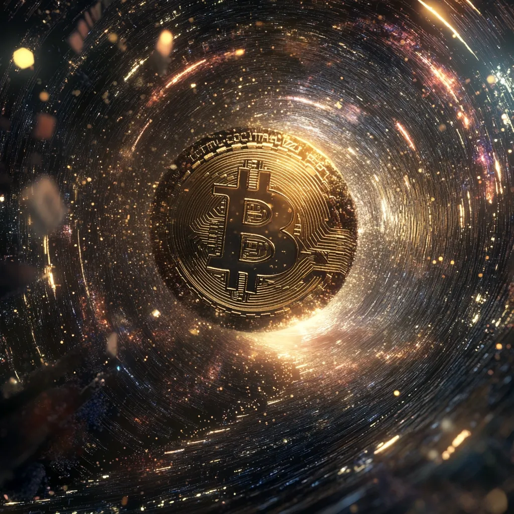 A golden Bitcoin coin is depicted at the center of a swirling cosmic vortex.  The background is a mesmerizing blend of dark space, glittering stardust, and vibrant, swirling light trails, suggesting the cryptocurrency's vast and ever-expanding reach within the digital realm. The image evokes a sense of mystery and the boundless potential of blockchain technology.