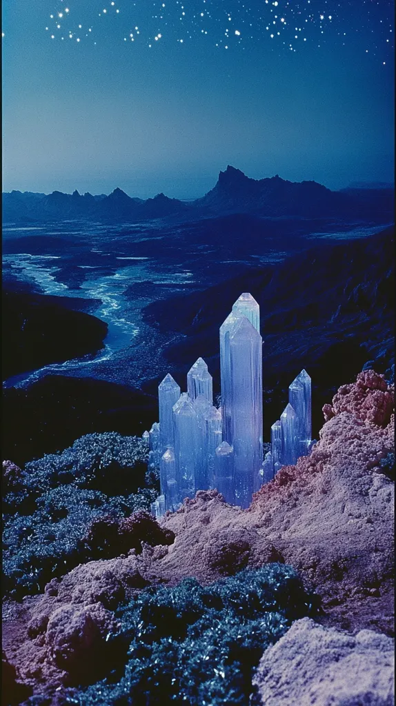 Under a starlit night sky, a cluster of large, translucent crystals resembling a miniature city stands on a rocky, uneven landscape.  A dark, meandering river cuts through a distant, mountainous range, adding depth to the surreal scene. The overall color palette is a cool, deep blue and purple, enhancing the otherworldly atmosphere. The crystals are the focal point, glowing faintly against the dark background.
