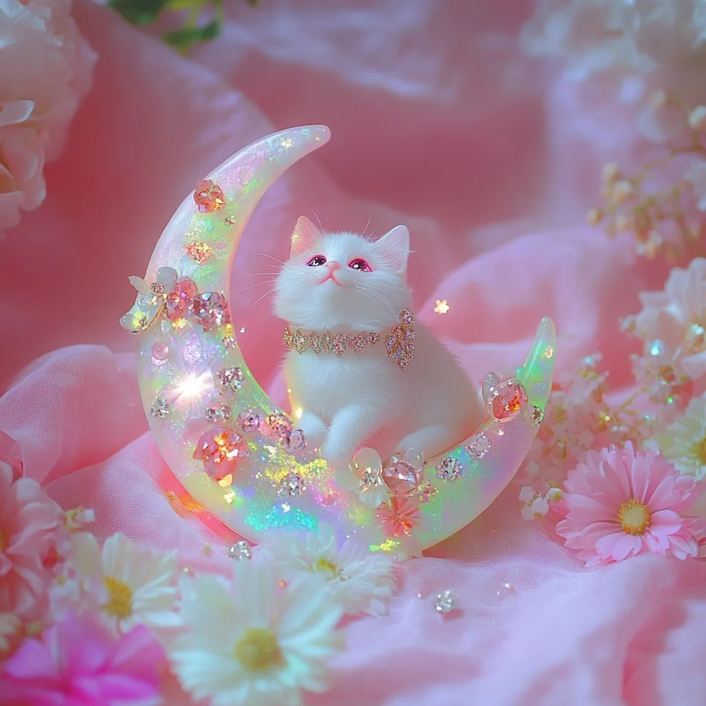 A fluffy white kitten, adorned with a delicate jeweled collar, sits contentedly on a crescent moon.  The moon is crafted from iridescent resin, embellished with sparkling crystals and pastel flowers.  The scene is set amidst a soft pink fabric, surrounded by blooming flowers, creating a dreamy, whimsical atmosphere.  The overall effect is charming and ethereal.