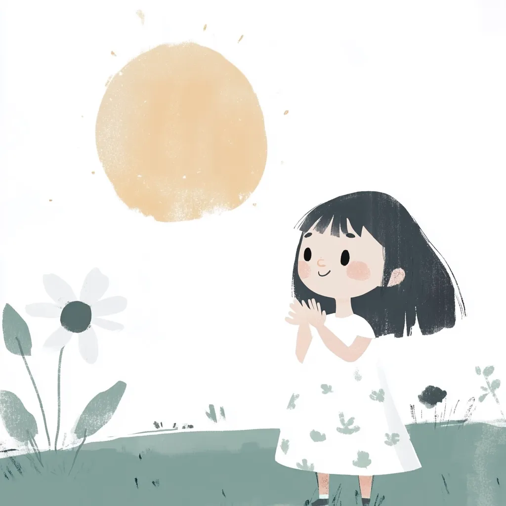 A cute girl with dark hair, wearing a white floral dress, stands in a grassy field, clapping her hands.  A large, pale-yellow sun shines brightly in the sky above.  A single white flower with a dark center is visible to the girl's left. The illustration is done in a soft, painterly style.