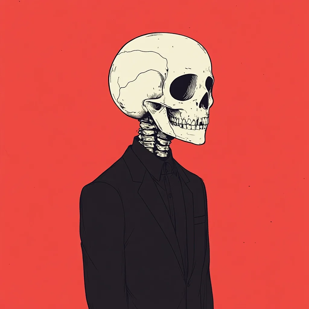 A stylized illustration depicts a skull wearing a dark suit against a vibrant red backdrop. The skull's detailed features are rendered in black and white, contrasting sharply with the solid red background.  The skeleton's neck and upper torso are visible beneath the suit, creating a surreal and slightly unsettling image. The style is reminiscent of a graphic novel or print.