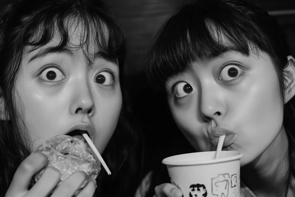 A black and white close-up shot of two young women with similar appearances, wide eyes, and dark hair. One woman eats a piece of food on a stick, while the other drinks from a cup with a straw.  Both display exaggerated facial expressions, suggesting surprise or excitement. The image has a slightly surreal or whimsical quality.
