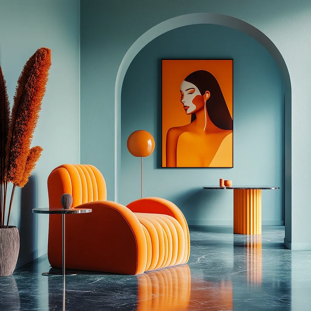 A stylish mid-century modern living room features an orange velvet armchair, a small orange side table, and a large artwork of an orange woman.  The walls are a soft teal, contrasted by the bold orange tones of the furniture and art. A floor lamp with an orange globe adds to the warm color scheme. The polished dark floor reflects the room's vibrant decor.  The overall ambiance is sophisticated and retro.