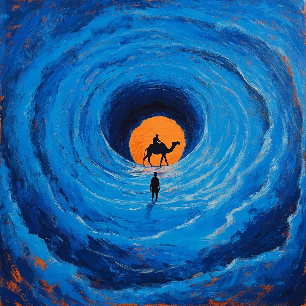 A vibrant abstract painting depicts a swirling blue vortex, resembling ocean waves.  At the center, a tunnel opens to reveal a person riding a camel silhouetted against a bright orange sun.  A lone figure stands at the vortex's entrance, facing the camel rider, creating a sense of journey and contemplation. The contrasting blue and orange hues enhance the painting's dramatic effect.  The impasto technique adds texture and depth.