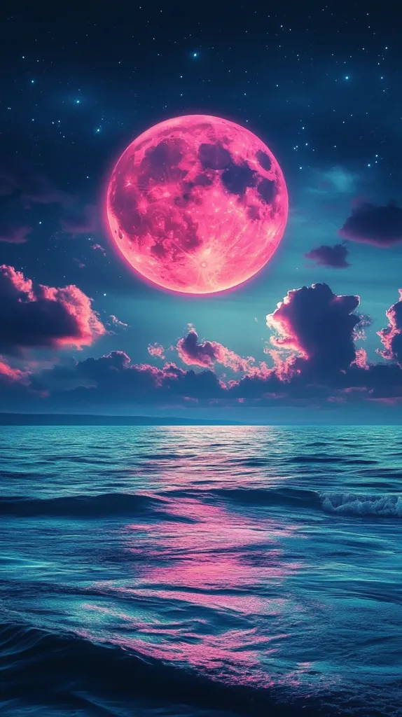 A vibrant pink moon dominates a twilight sky, its ethereal glow reflected on the tranquil ocean below.  Soft, pastel clouds drift across the heavens, contrasting with the deep blue of the water.  The scene is serene and otherworldly, a captivating blend of celestial beauty and nautical calm.  Stars twinkle in the night sky, adding to the magical ambiance.