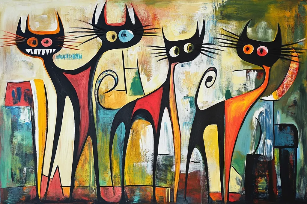 A vibrant abstract painting depicts four stylized cats in a bold, colorful composition.  The cats are rendered with elongated limbs and simplified features, showcasing a modern, almost Cubist approach.  The background is a chaotic mix of textures and colors, enhancing the playful energy of the feline figures.  The painting utilizes a striking palette of reds, oranges, yellows, and blues against a creamy background.