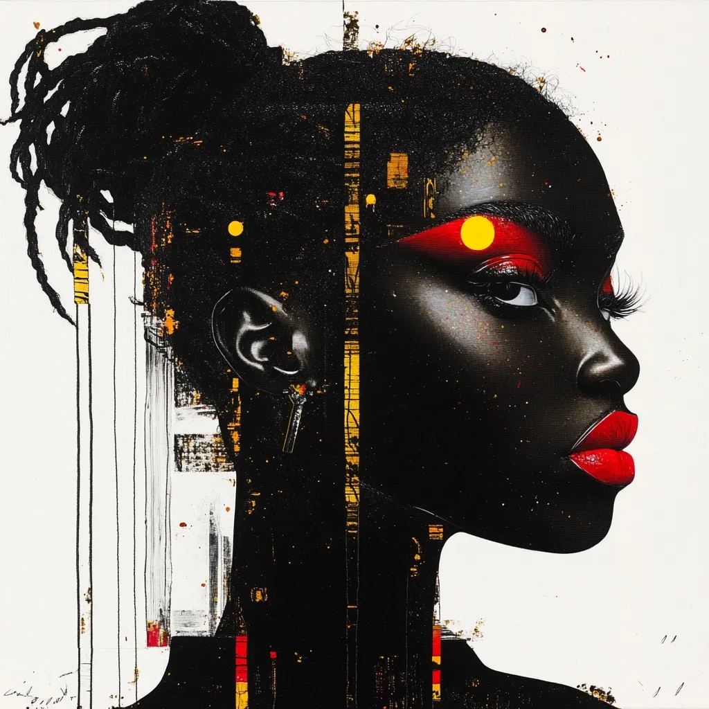 A stylized portrait of a Black woman in profile, her dark skin contrasting sharply with bold red and yellow makeup accents.  Her hair is styled in intricate braids, and the background features a dynamic interplay of black, white, gold, and red textures, creating a mixed-media effect. The overall style is bold, graphic, and expressive.