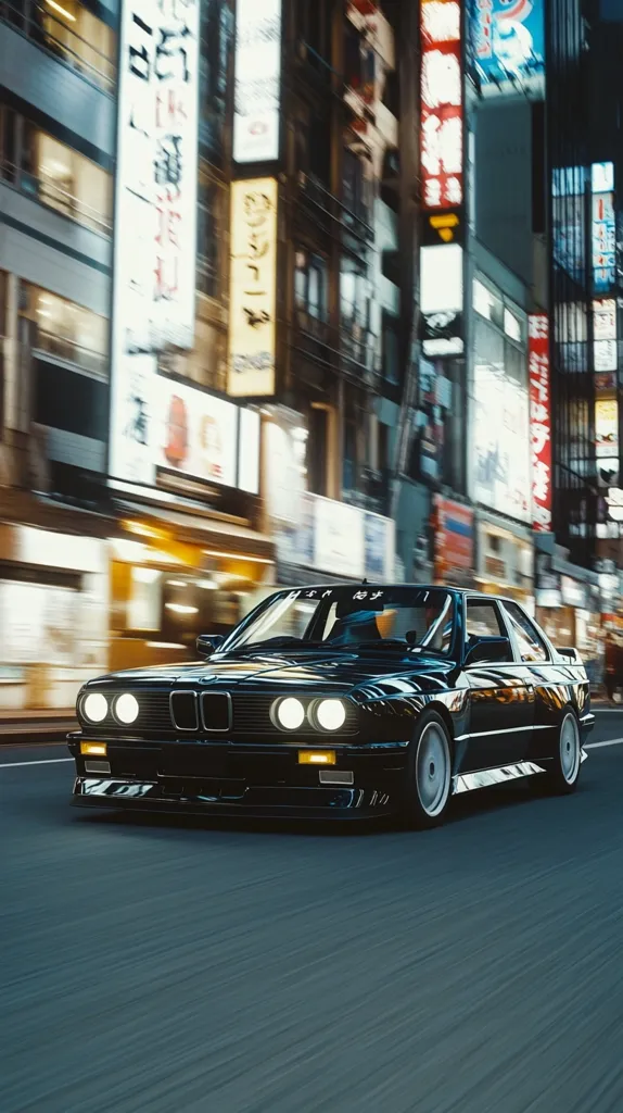 A sleek, black BMW E30 drives through a vibrant, blurred cityscape at night.  Neon signs in Japanese illuminate the bustling streets, creating a dynamic contrast with the car's smooth lines. The motion blur emphasizes the speed and energy of the scene, capturing a moment of urban dynamism. The car's headlights cut through the night, highlighting its presence in the vibrant setting.
