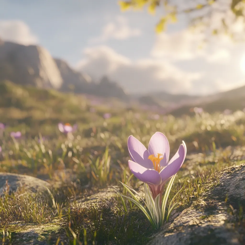 A single, delicate purple crocus blooms in the foreground, bathed in the warm light of sunrise.  The flower is sharply in focus, contrasting with the softly blurred background of a vast mountainous landscape dotted with more crocuses.  The scene evokes a sense of serene springtime beauty and the quiet majesty of nature.