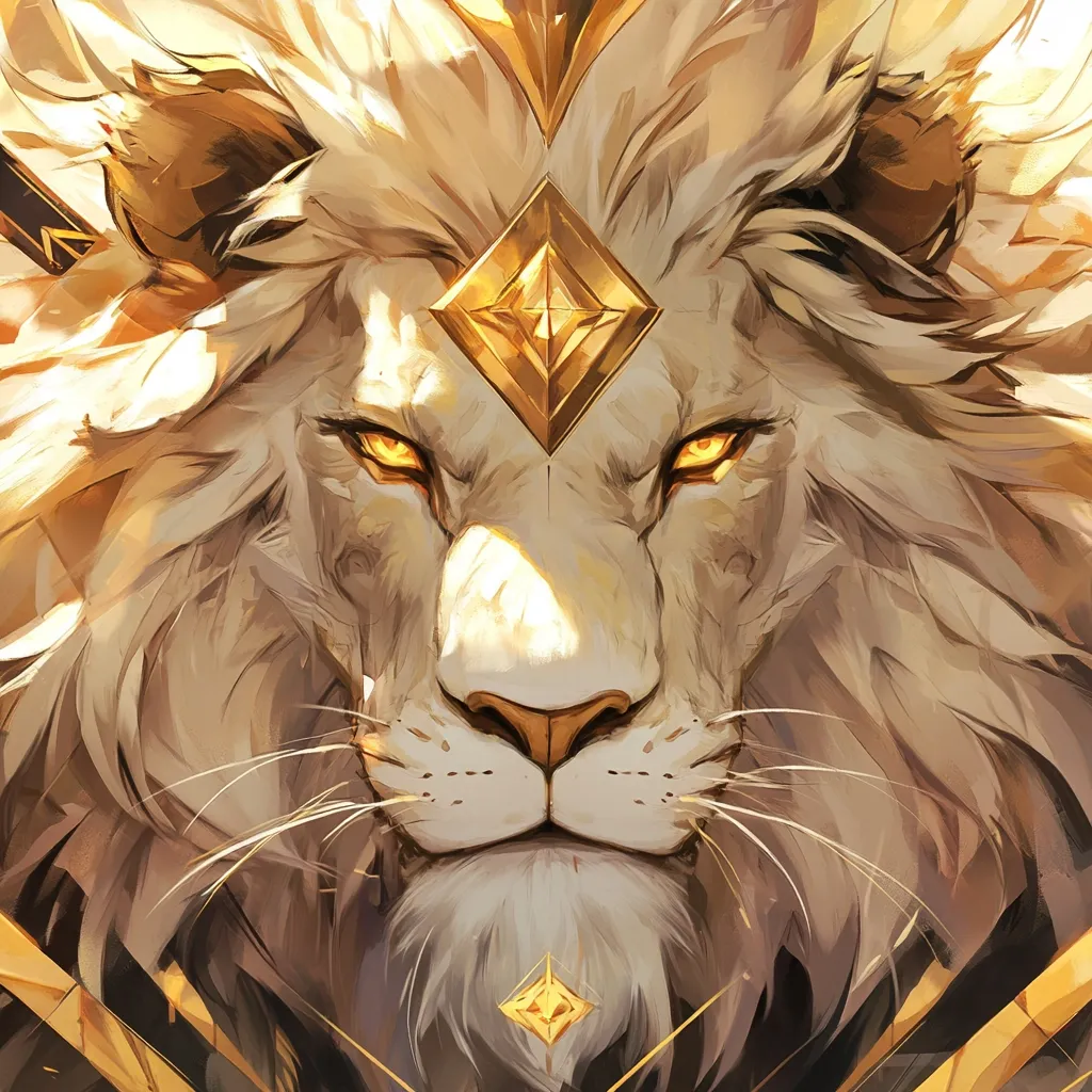 A majestic white lion, its gaze intense, dominates the artwork.  Golden light illuminates its thick mane and piercing amber eyes.  A golden, diamond-shaped ornament adorns its forehead, adding to its regal aura. The style is painterly, with soft blends of light and shadow emphasizing the lion's powerful presence.  Subtle golden accents frame the image, enhancing the overall sense of majesty and divinity.